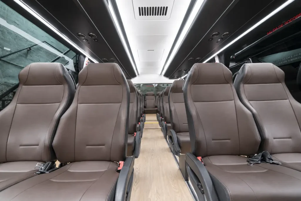 Interior de minibús VIP de Autobuses La Palmita con asientos confortables y cinturones de seguridad.